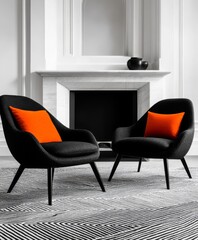 Two Black Armchairs with Orange Cushions in Modern Fireplace Room