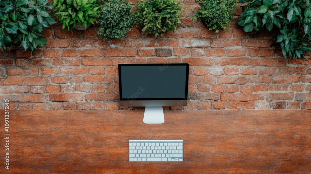 Poster modern workspace: a minimalist computer and keyboard sit on a rustic wooden desk, with a backdrop of