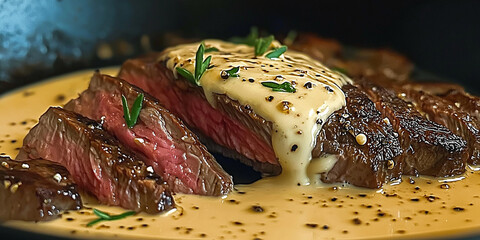 Steak de bavette en fonte avec sauce crème à l'ail et au whisky