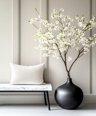 Black Vase with Blossoming Branch and Bench in Minimalist Room