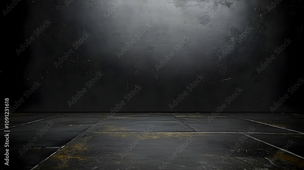 Poster dark textured wall and floor background image: a 3d rendering of a black wall with a dark, tiled flo