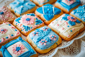 Cookies decorated with icing in a vintage quilt pattern in shades of blue and pink.