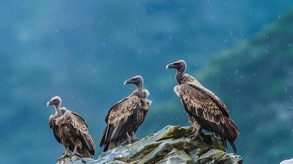 Fototapeta premium Three Vultures Perched on a Cliff During a Rain Shower