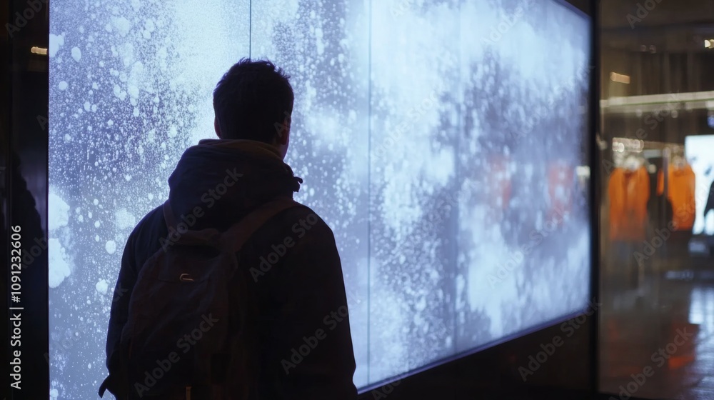 Aufkleber At night, an individual stands in front of a large digital display filled with abstract visuals. The setting is an urban shopping area, creating a vibrant atmosphere surrounded by city lights.