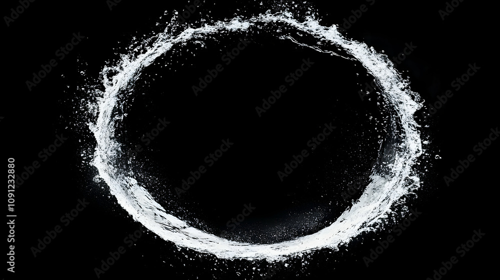Poster water splashes forming a circular frame against a black background, an abstract image ideal for desi