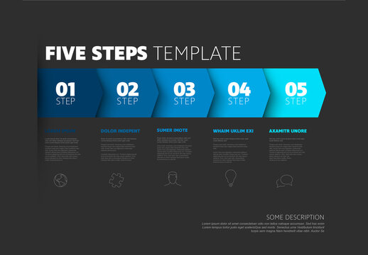 Five blue progress block steps template with descriptions and icons on dark background