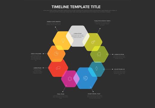 Multipurpose dark infographic template layout design with nine hexagon overlay elements in big circle cycle