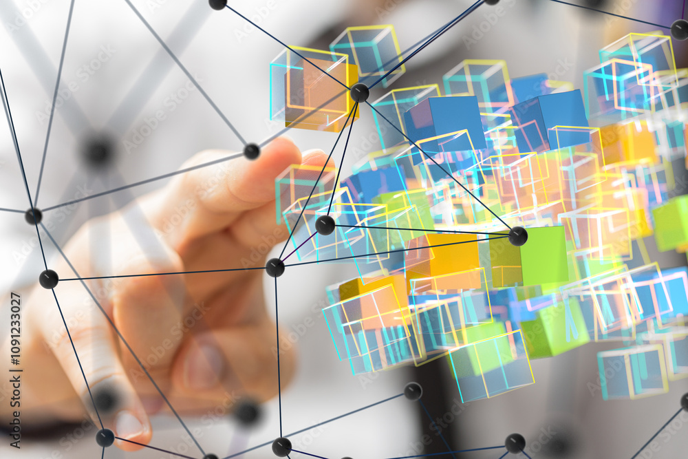 Poster Neural network 3D illustration. Big data and cybersecurity