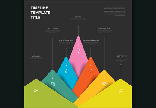Multipurpose dark infographic template graph with seven elements as color peak mountains