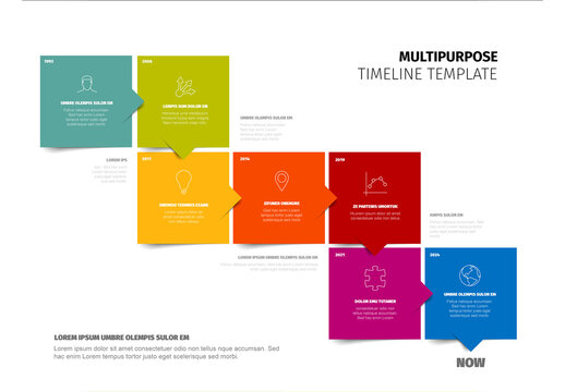 Timeline template made from seven content color boxes with arrows