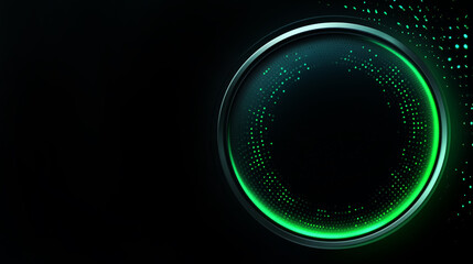 Abstract black circle shape with green neon glowing light tech digital background with copy space. Corporate technical design. 