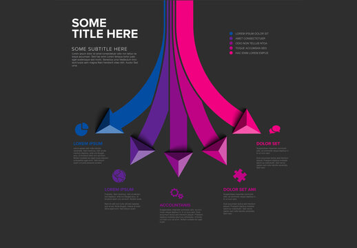 Infographics dark template with various options as big blue purple arrows pointing to different directions