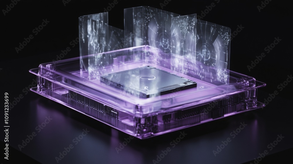 Poster this futuristic purple device is situated in a dark environment, surrounded by transparent panels th