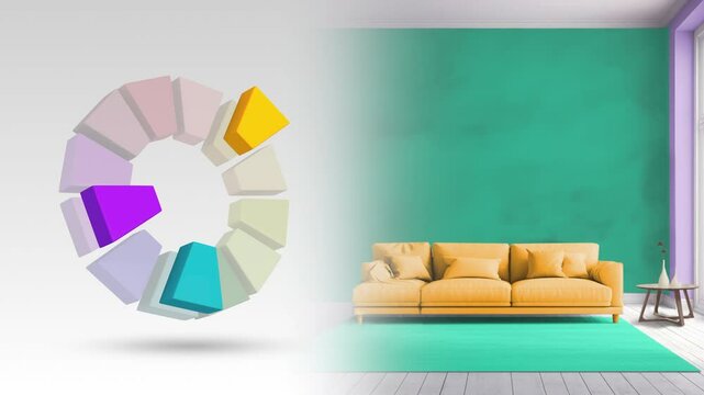 Split complementary color scheme of  blue violet,orange,blue green for living interior