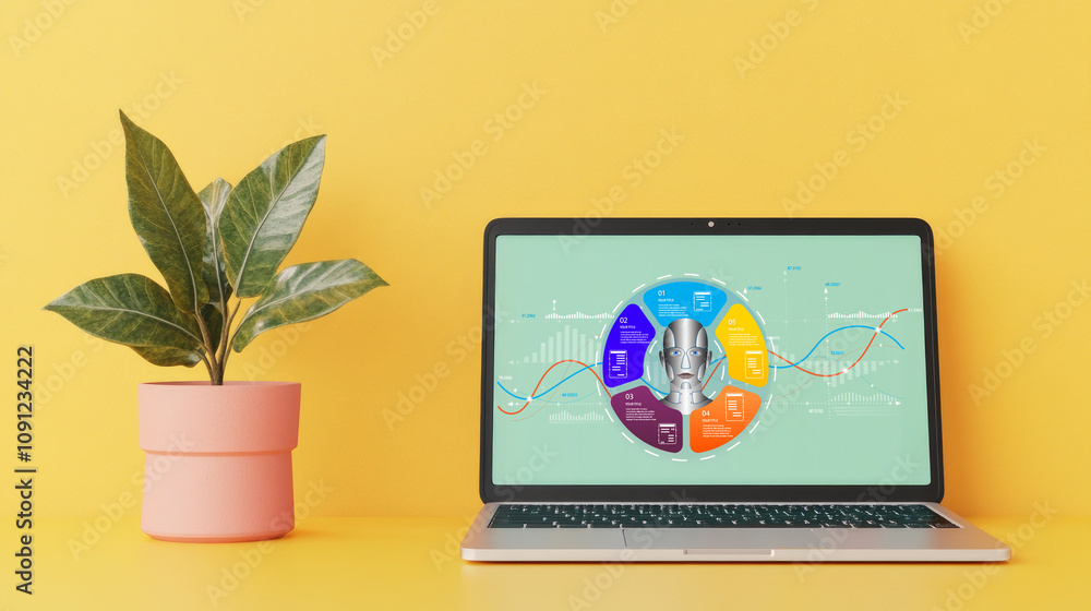 Poster dynamic abstract data visualization on a sleek laptop screen, showcasing innovative statistics and e