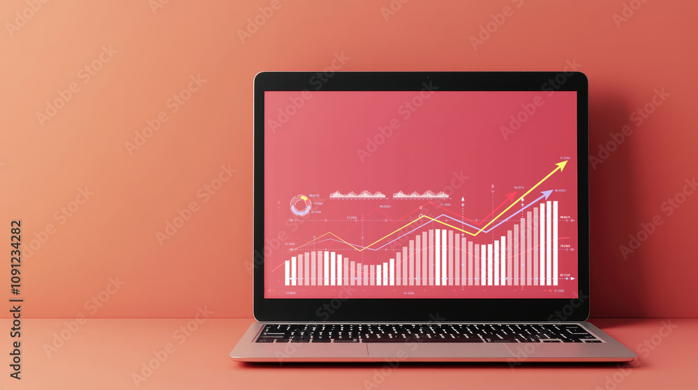 Poster abstract data visualization on a sleek laptop screen, showcasing dynamic statistics in a modern digi