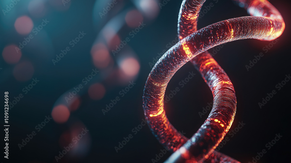 Poster twisting helix structure with glowing elements, a vibrant fusion of dynamic movement and luminous ac