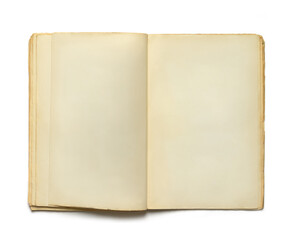 Fototapeta premium Open old shabby book with faded blank pages space for text white background