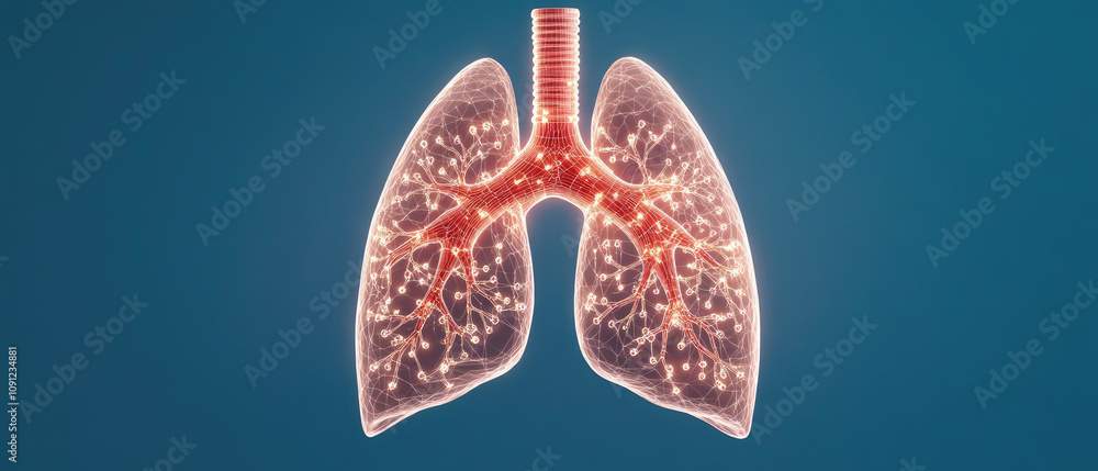 Poster glowing lungs and digital nodes in abstract cardiology design, interconnected elements on deep blue 