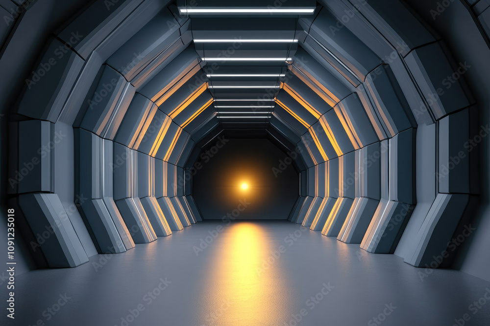 Poster abstract tunnel featuring silver geometric shapes, illuminated by a bright light at the end, creatin