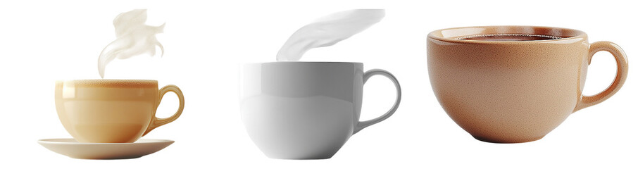 Diverse Coffee Cups with Steam on Transparent Background