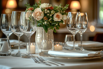 An elegantly set table in a restaurant or for a special occasion.  