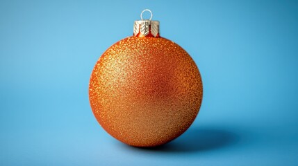 Sparkling Orange Christmas Ornament on Blue Background