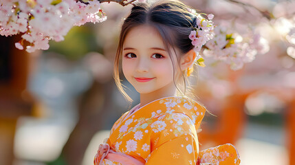 Adorable Girl Smiles in Orange Kimono, Cherry Blossoms in Background, Springtime Scene