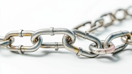 Obraz premium A close-up view of a metallic chain, highlighting its interconnected links and shiny surface against a light background.