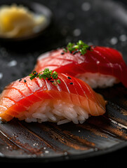 Nigiri Aji sushi with dark background, Seared fish on rice, Japanese Nigiri close up