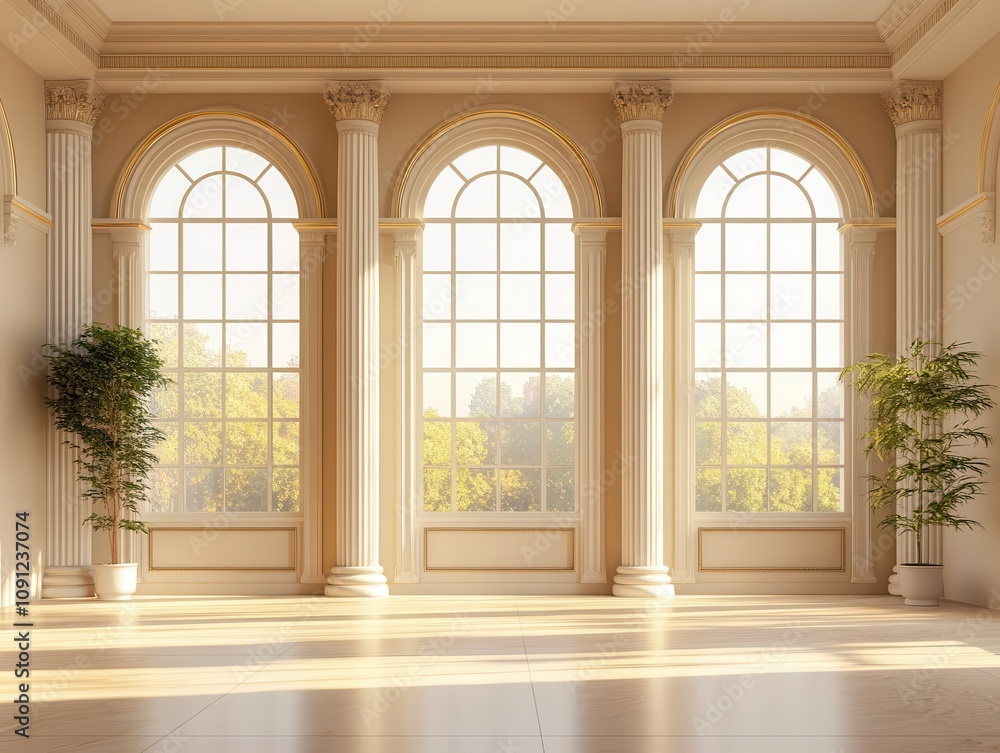 Poster spacious room adorned with grand columns and a large window, illuminated by soft sunlight, creating 