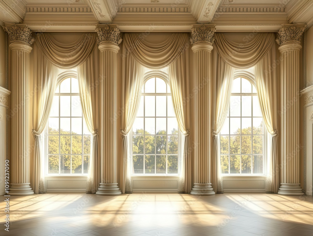 Poster spacious room adorned with grand columns and a large window, illuminated by soft sunlight, creating 