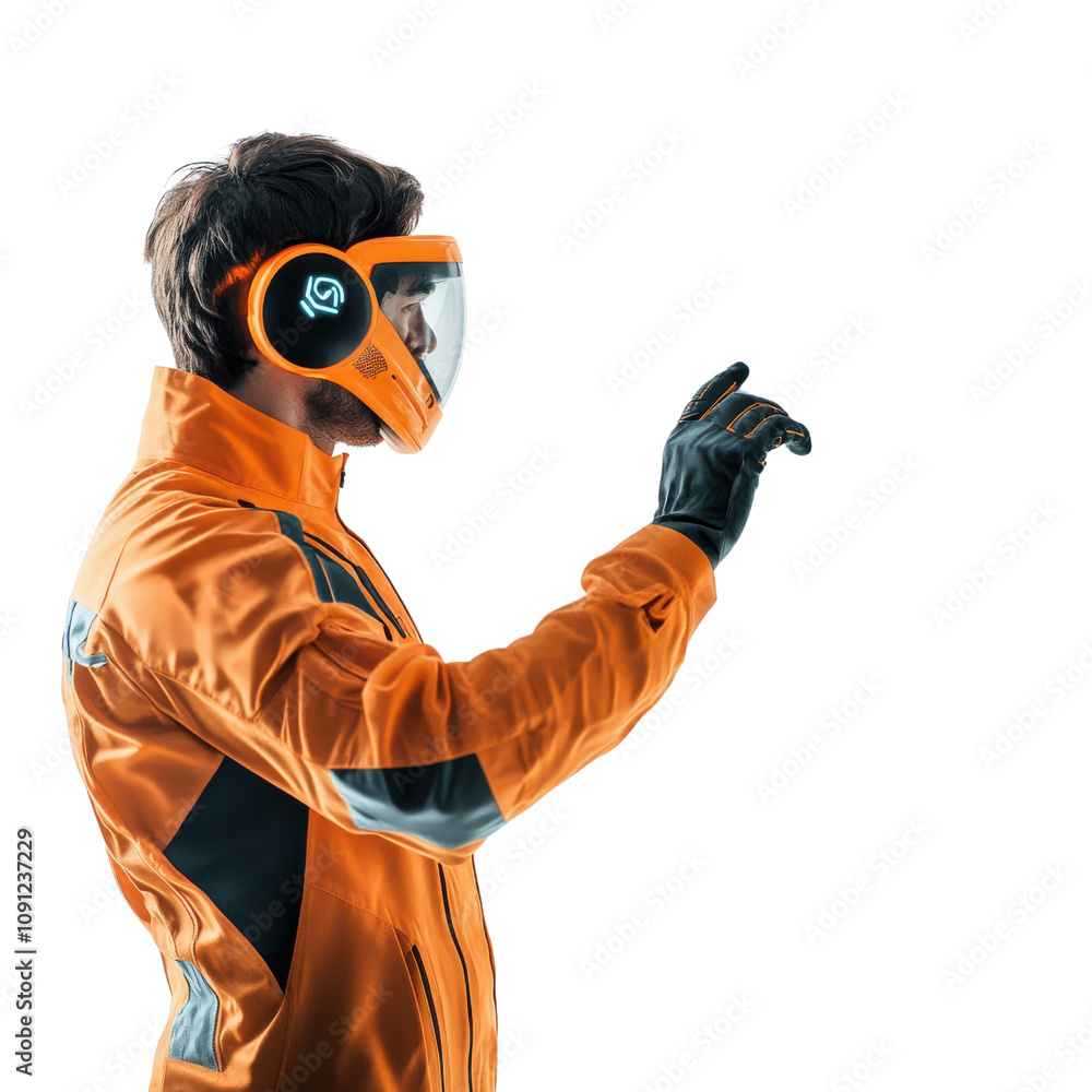 Poster futuristic scientist in orange jacket using high-tech vr headset for research and analysis in a mode