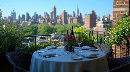Fototapeta premium Romantic rooftop dinner setting overlooking a cityscape.