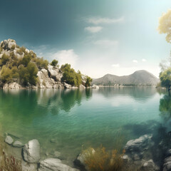 Serene Lakeside Illustration: Tranquil Green Water and Rocky Shores