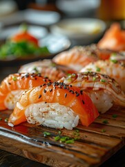 Traditional Hamaguri nigiri sushi on rustic board, classic wooden background photo