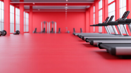 Red Hot Fitness: Treadmills line a vibrant red gym floor, creating a dynamic and energetic atmosphere. Perfect for health, fitness, and wellness themes. 
