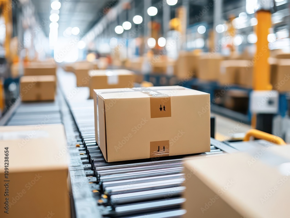Aufkleber streamlined logistics operation, showcasing packages being sorted efficiently in a bright warehouse,