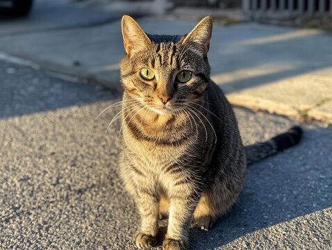 street-smart tabby cat sitting casually on urban pavement, vibrant city backdrop, evening light casting long shadows, playful and curious expression