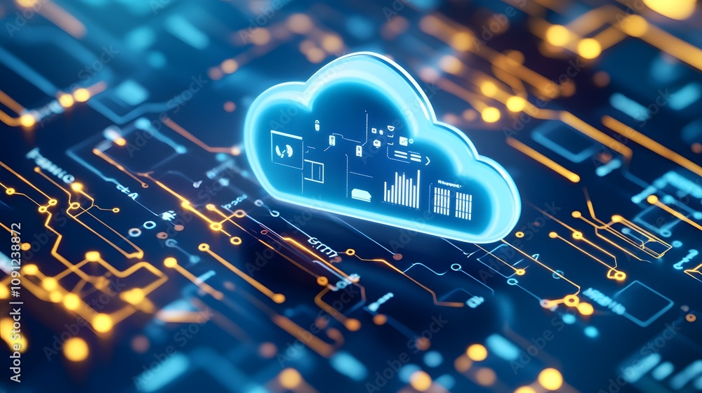 Poster digital cloud symbol over a circuit board background, representing cloud computing technology.