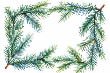 Obraz premium Fir branch frame painted in watercolor style with white empty center for text or design.