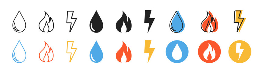 Collection of gas, electricity and water symbols in different color styles. Fire, water and lightning icon set in flat style. 