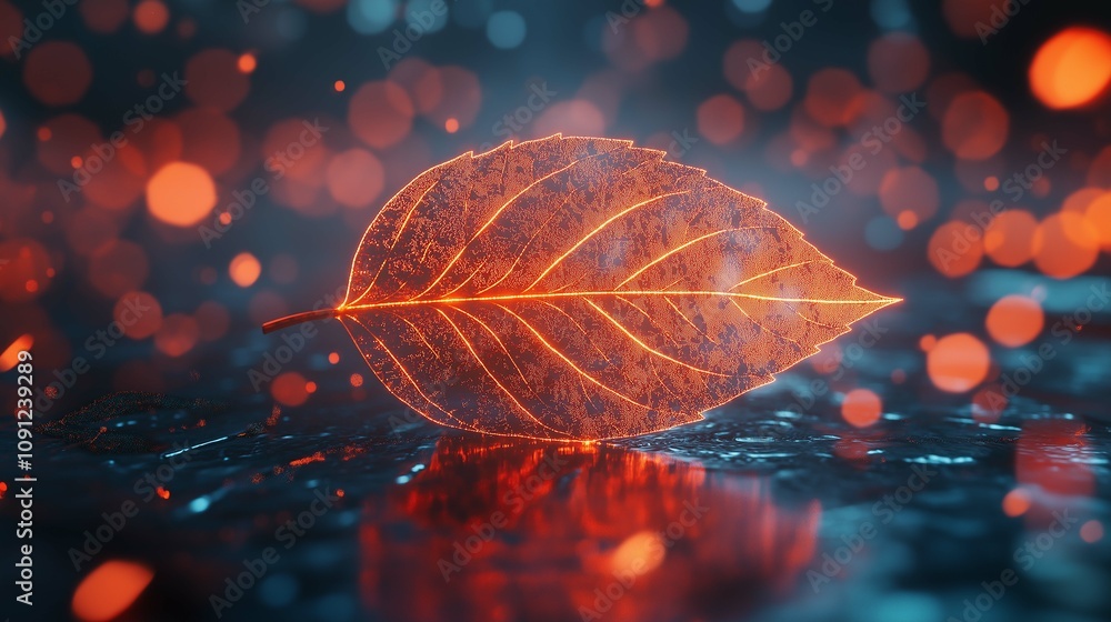 Poster captivating glowing leaf on a reflective surface surrounded by multicolored bokeh lights in a mystic