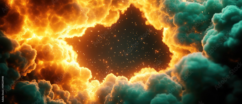 Poster Fiery Cloudscape, vibrant green and yellow textures blend with shimmering particles, creating a dynamic and enchanting backdrop.