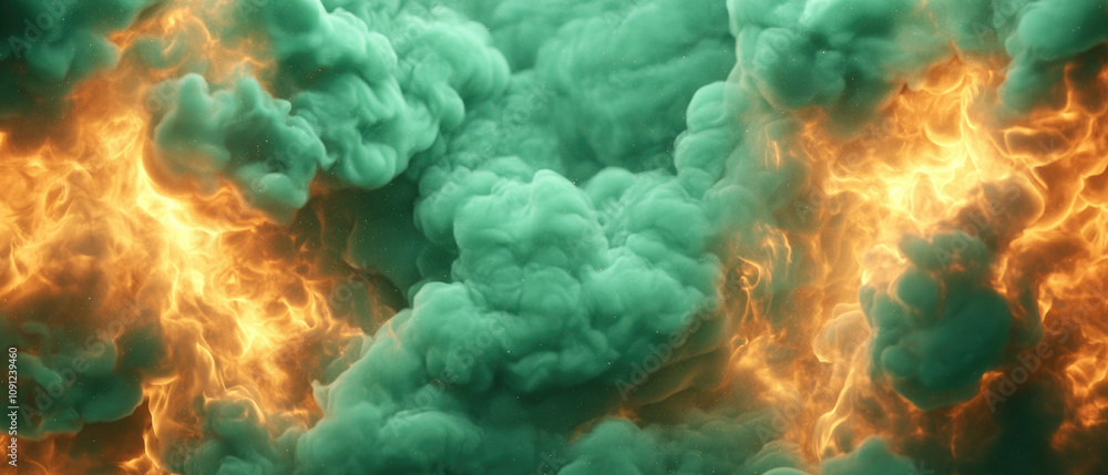 Poster fiery cloudscape, vibrant green and yellow textures swirl with shimmering particles creating a dynam