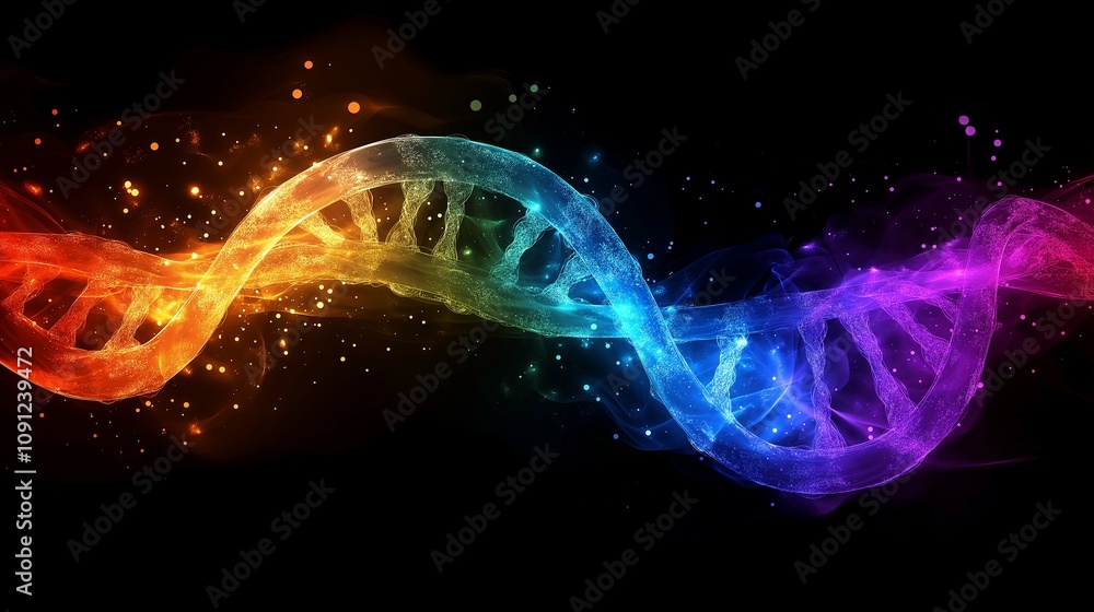 Poster vibrant dna helix in colorful gradient with abstract light effects representing genetic science and 