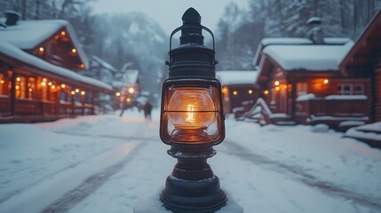 A glowing lantern illuminates a snowy path leading towards a quaint, wintery village.