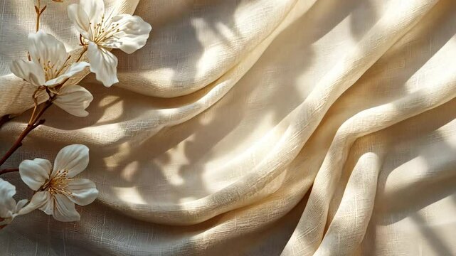 Aesthetic boho wedding textile background, draped neutral beige linen fabric texture with an absrtact floral sunlight shadows Video