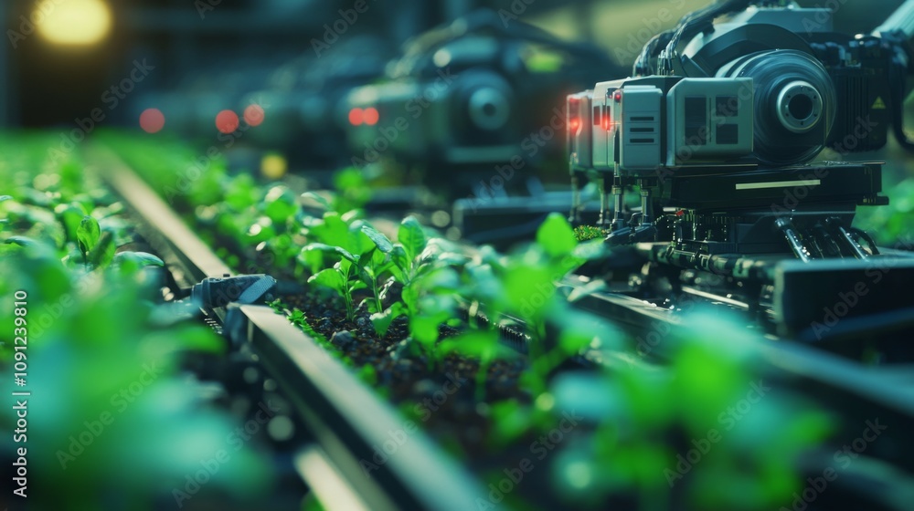 Poster advanced robotic systems are tending to healthy green seedlings in a greenhouse during the golden ho