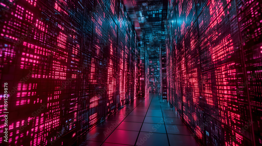 Poster 3d render of glowing digital corridor with pink and blue data streams